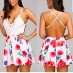 White lace and floral backless romper